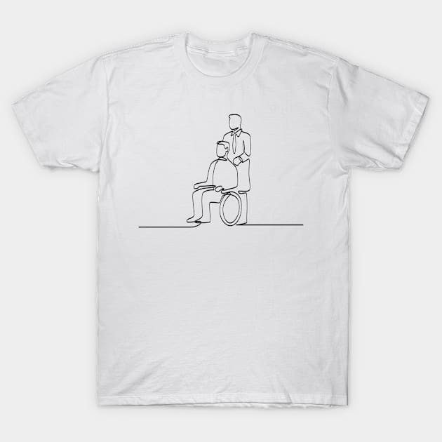 Patient Sitting on Wheelchair with Doctor or Nurse Caregiver Continuous Line Drawing T-Shirt by patrimonio